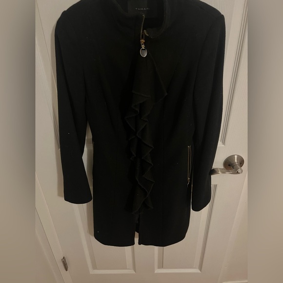 Tahari Wool Blend Black Full Length Front Zipper Ruffled Coat Jacket - Picture 3 of 8